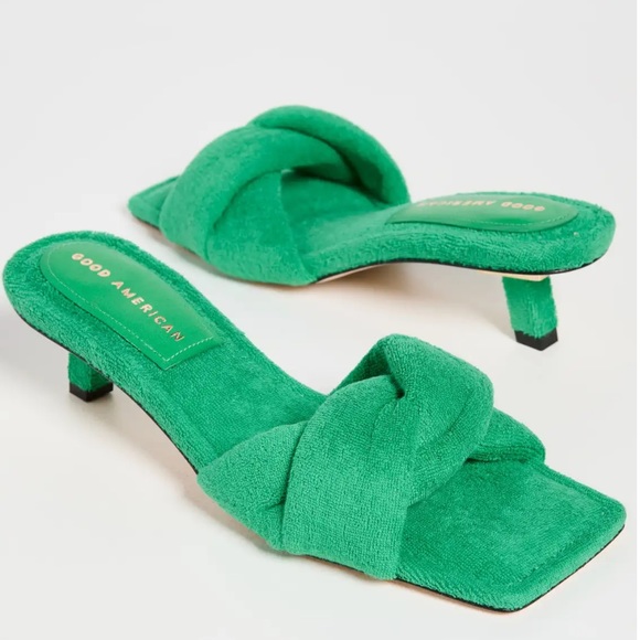 Good American Shoes - Good American Terry Kickstand Mules - Green Terry
